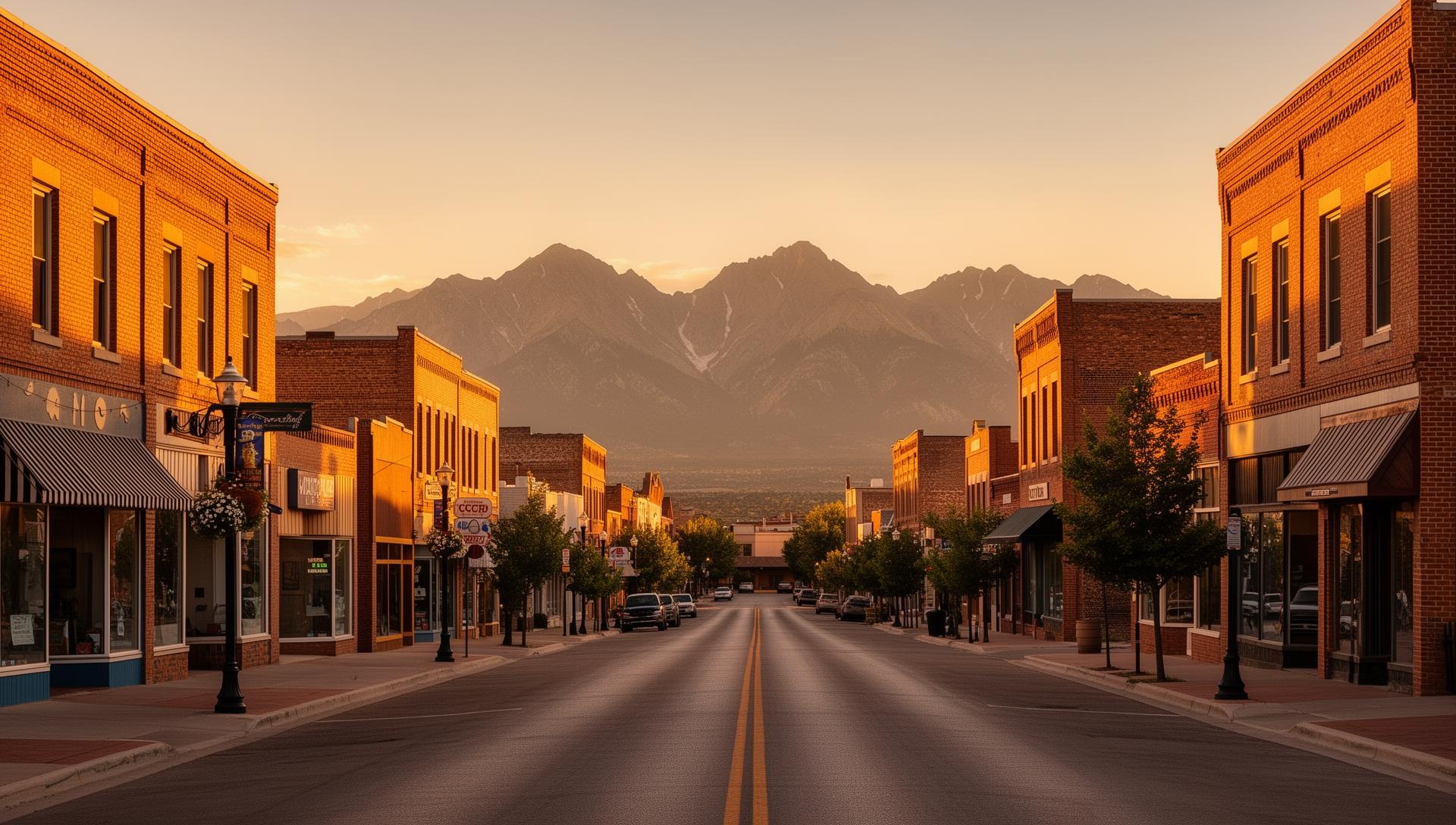Downtown Sheridan Wyoming commercial streetscape at golden hour with Bighorn Mountains