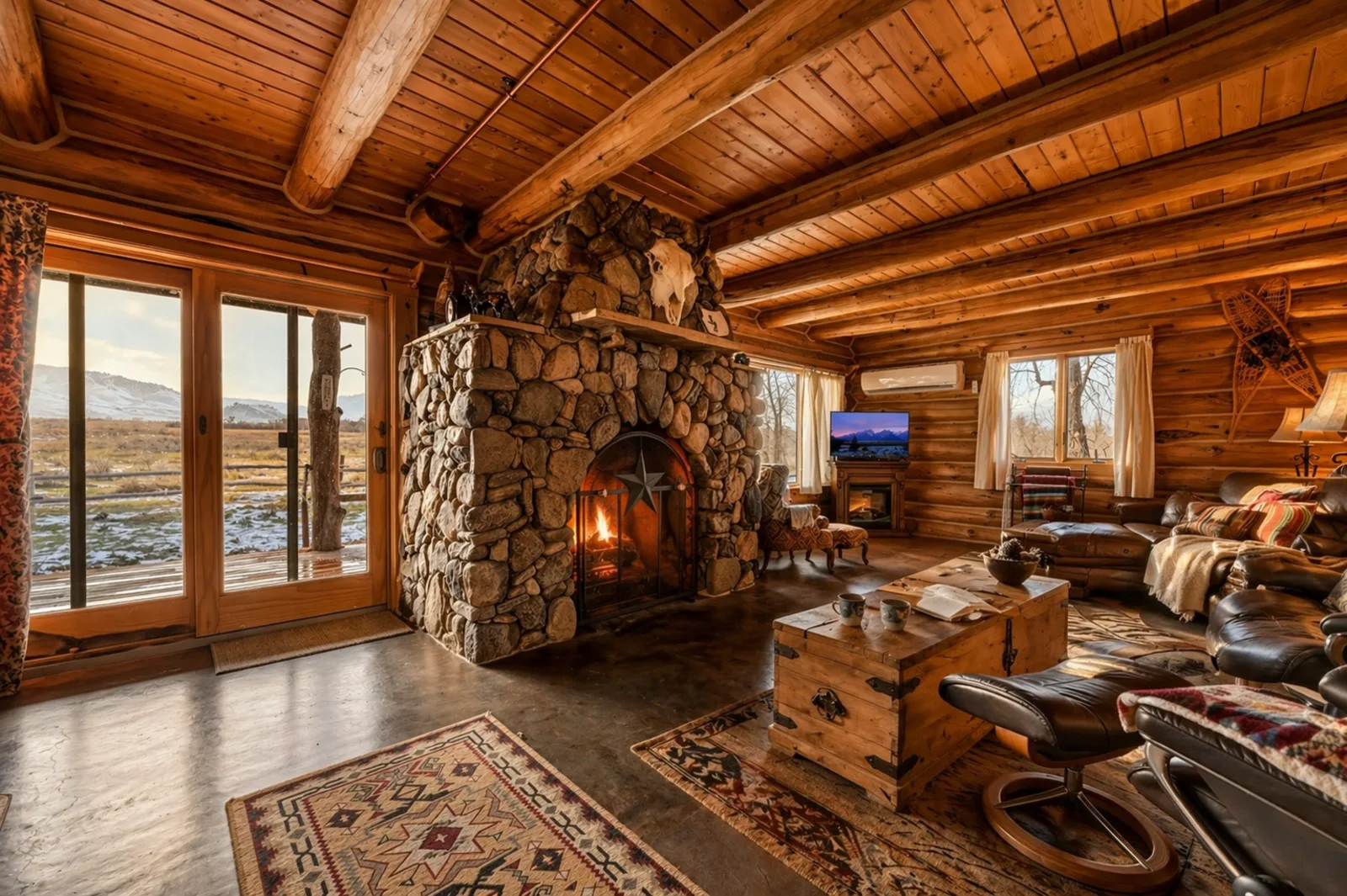 Wyo Stays cabin great room with river-rock fireplace — space for the whole wedding party to gather, Bighorn Mountains, Wyoming