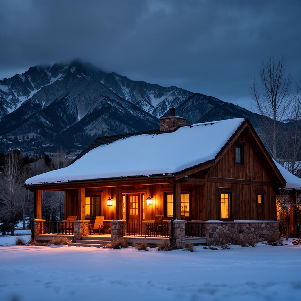Wyoming ranch-style home in winter with snow on the roof and warm porch light glowing against the Bighorn Mountains