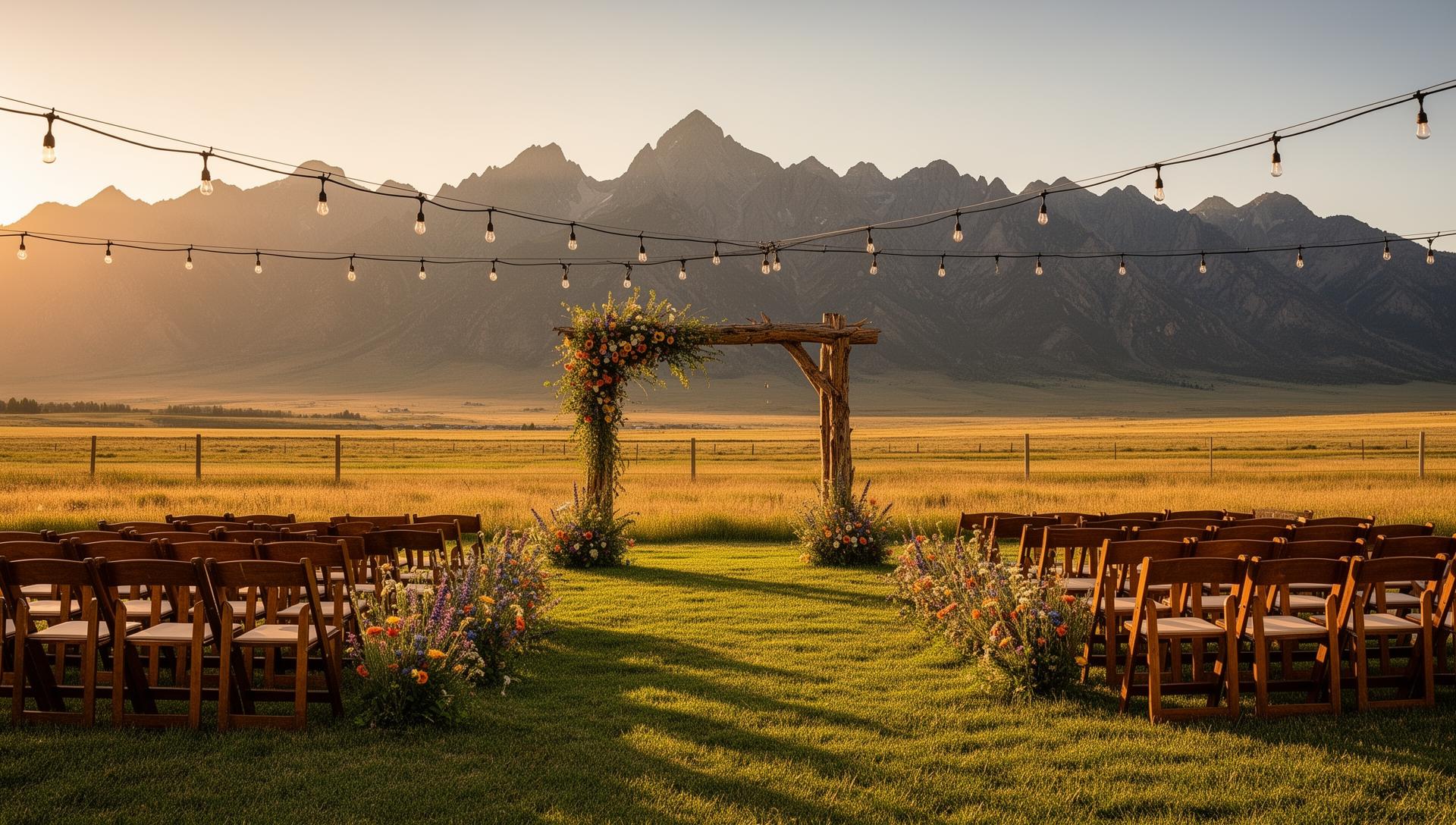 Golden hour ranch wedding ceremony setup with Bighorn Mountains in Wyoming