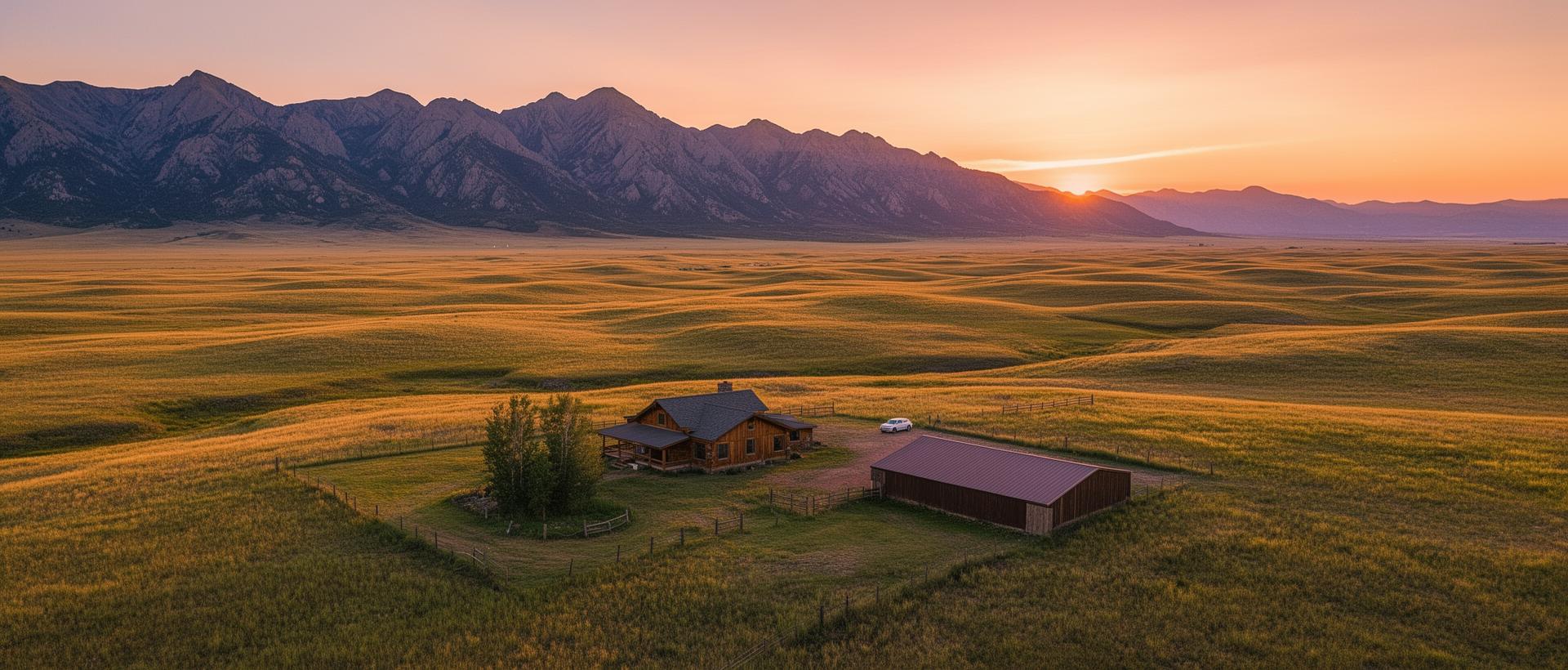 Aerial view of a Wyoming ranch cabin at golden hour sunset