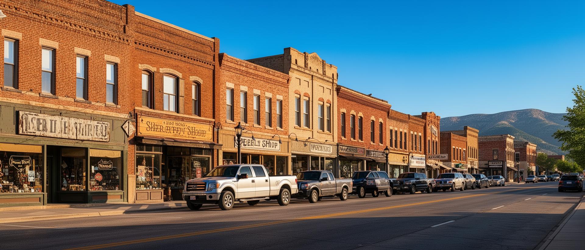 Historic brick storefronts on Main Street Sheridan, Wyoming