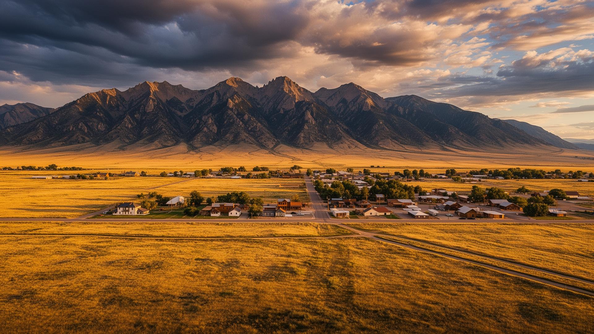 Aerial view of Sheridan Wyoming with the Bighorn Mountains rising behind the walkable downtown corridor