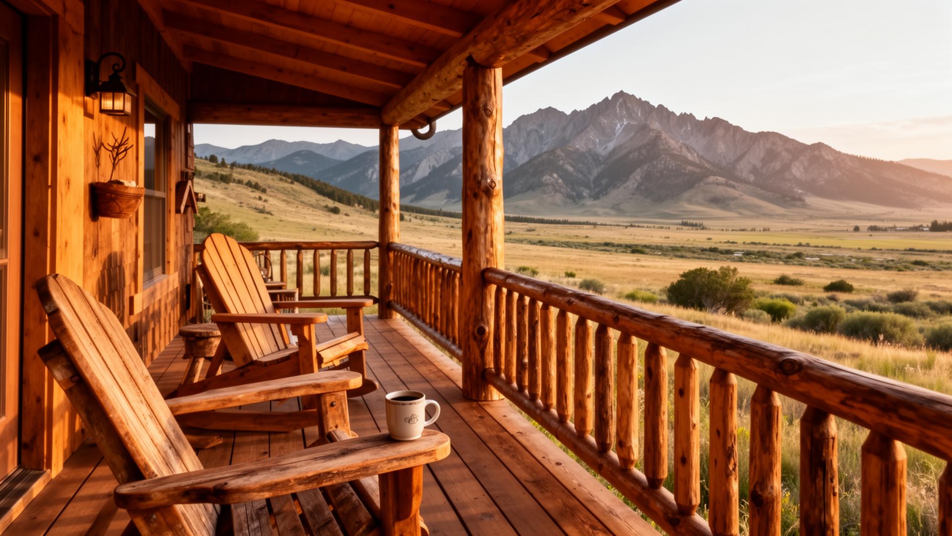 Guest relaxing on a vacation rental porch in Sheridan Wyoming with Bighorn Mountain views